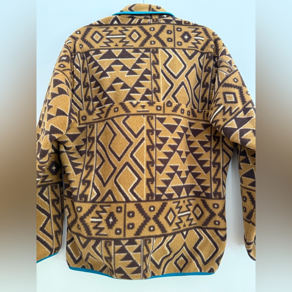 Patagonia Brown Tan Fleece Jacket Blue Trim Aztec Men’s Size S Women’s Medium - Picture 8 of 8